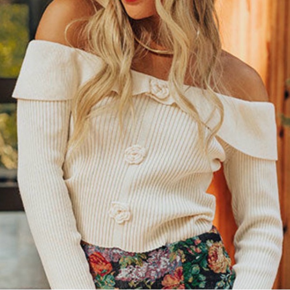 Impressions Cream Off-Shoulder Ribbed Sweater with Floral Buttons